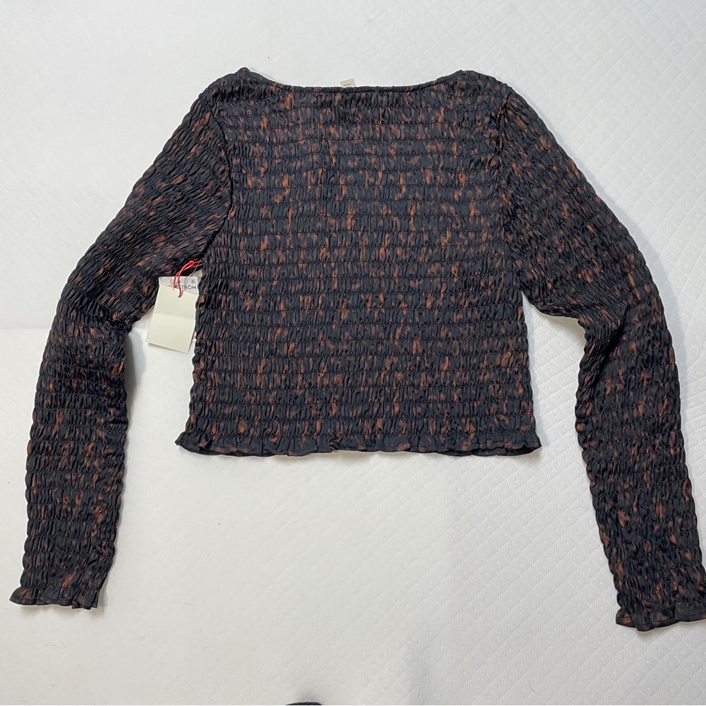 Open Edit Brown Black Long Sleeve‎ Ruched Crop Top women’s size Medium - Picture 12 of 13